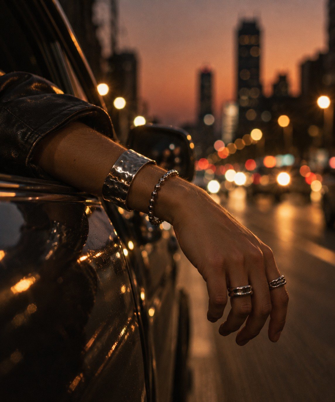 Arm out of a car window at dusk wearing a silver cuff and bead bracelet