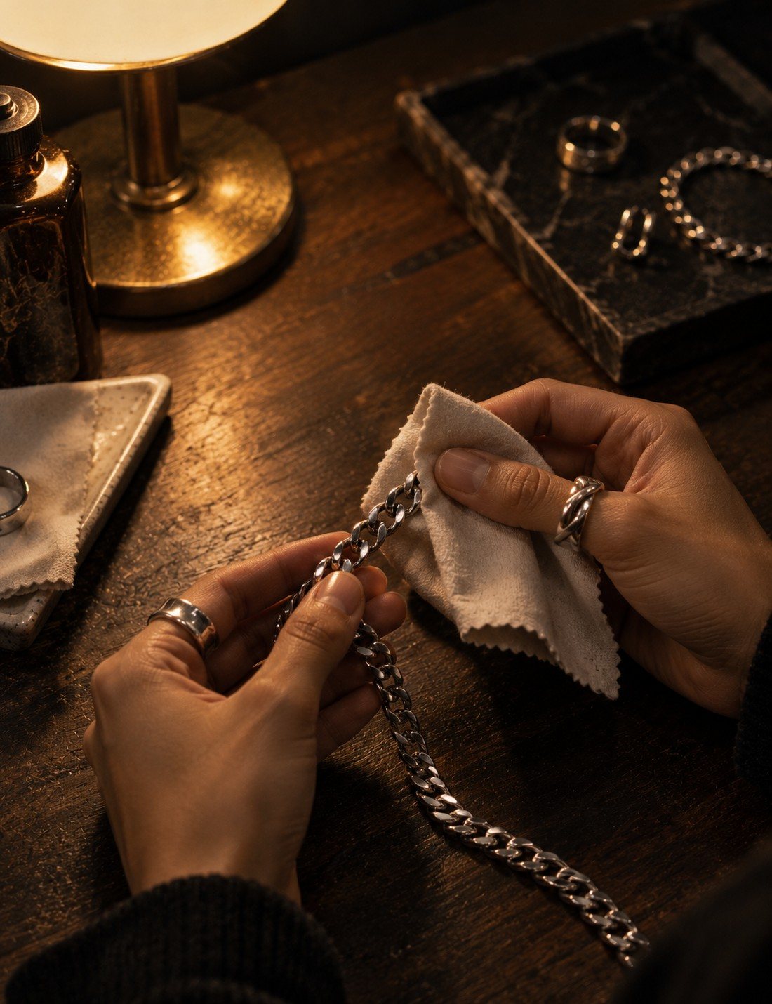 Hands polishing a silver curb chain with a cloth under a desk lamp