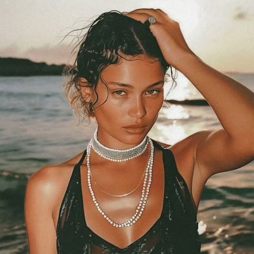 Model in the sea wearing layered pearl necklaces